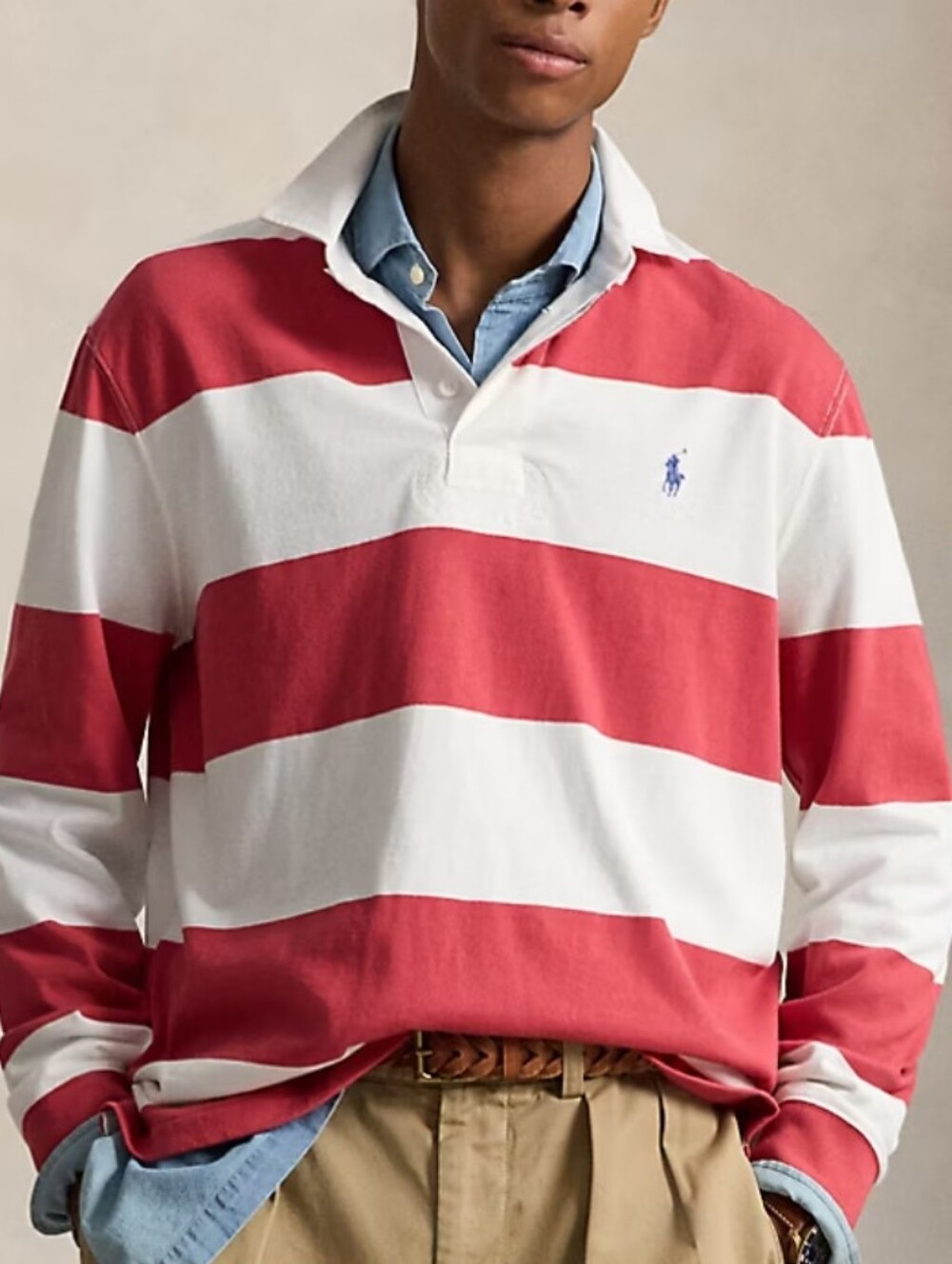Polo by Ralph Lauren Men's Pink and Cream Striped Rugby Shirt